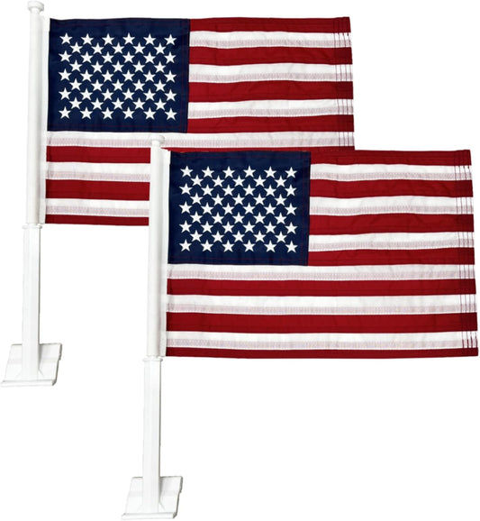 JRED 2 Pack Car Flags 12x18 Inch, American Flag for Cars Window With Flagpole Mount, 210D Embroidered Stars USA American Car Flag Window Clip, for Most Vehicle Window