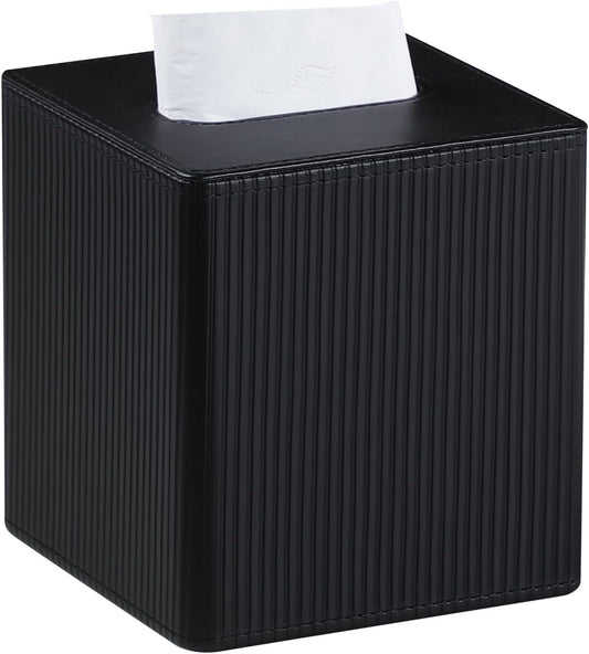 PU Leather Tissue Box Cover Square with Magnetic Closure, Modern Tissue Box Holder for Bathroom Bedroom Office Desk, Decorative Square Tissue Holder (Black)