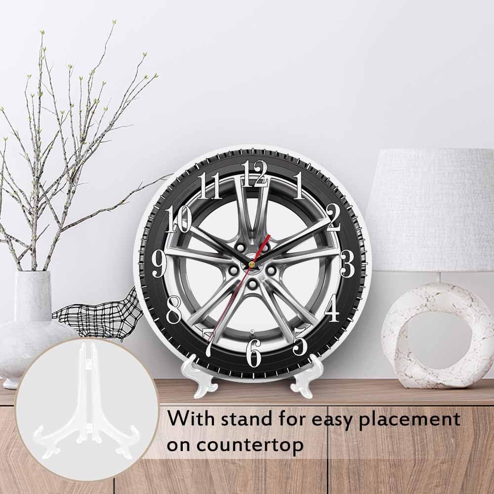Mxocom Wheel Wall Clock Modern Car Wheel Black Tyre 10 Inch Silent Non Ticking Battery Operated Clock Vintage Round Clock for Living Room Bedroom Bathroom Office Decor