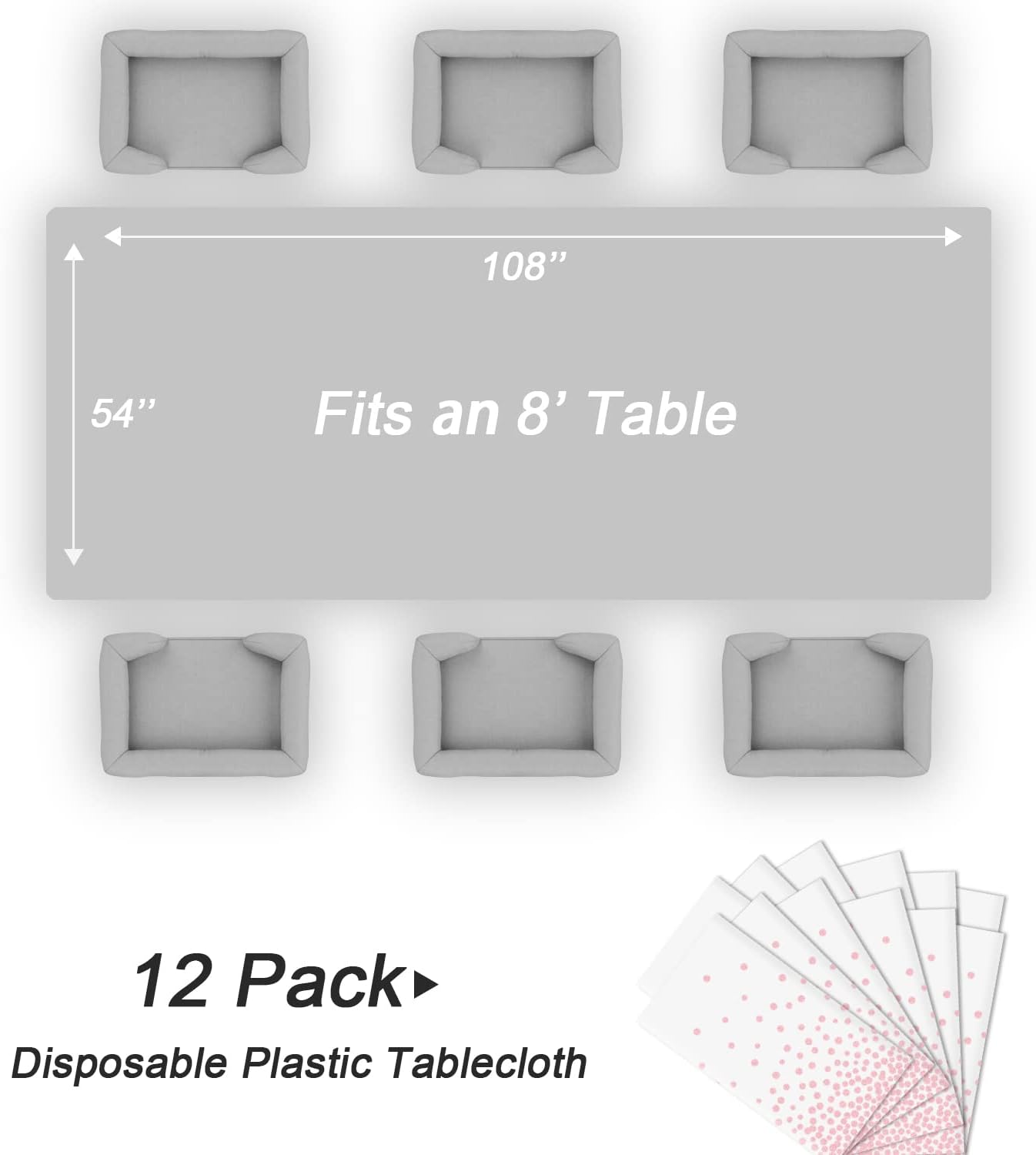 QIKSION 12 Pack White and Pink Dot Plastic Tablecloth, Waterproof Disposable Party Table Cloths for Baby Shower, Wedding, Anniversary, Birthday Party(54 × 108 Inch)