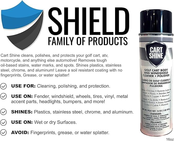 Club Clean Cart Shine, Golf Cart Body Windshield Cleaner Plus Polisher - Hard Water Shield, Removes Hard Water Stains - Battery Acid Shield, Grease Spray, Lubricates & Rust Proofs - Trim & Tire Shield