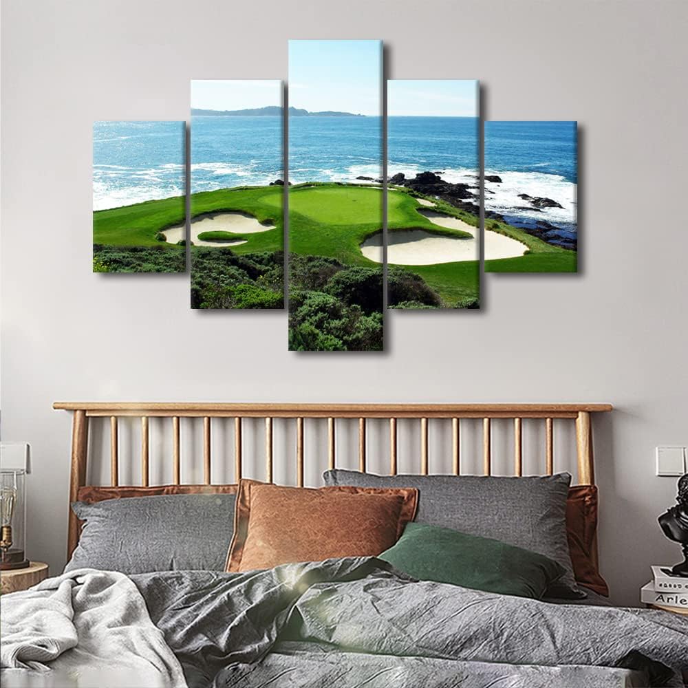 5 Pieces Pebble Beach Golf Course Canvas Wall Art Green Golf Course Home Decor for Living Room Wall Decor Modern Artwork for Home Walls Poster and Prints Stretched and Framed Ready to Hang - 60"Wx40"H