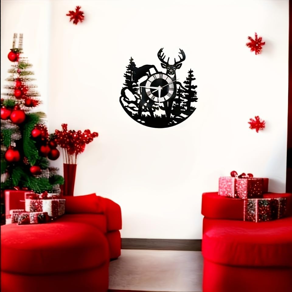 LED Backlit Wall Clock, Forest Wildlife Deer Scene, Color-Changing Night Light, 12-inch Roman Numeral Display