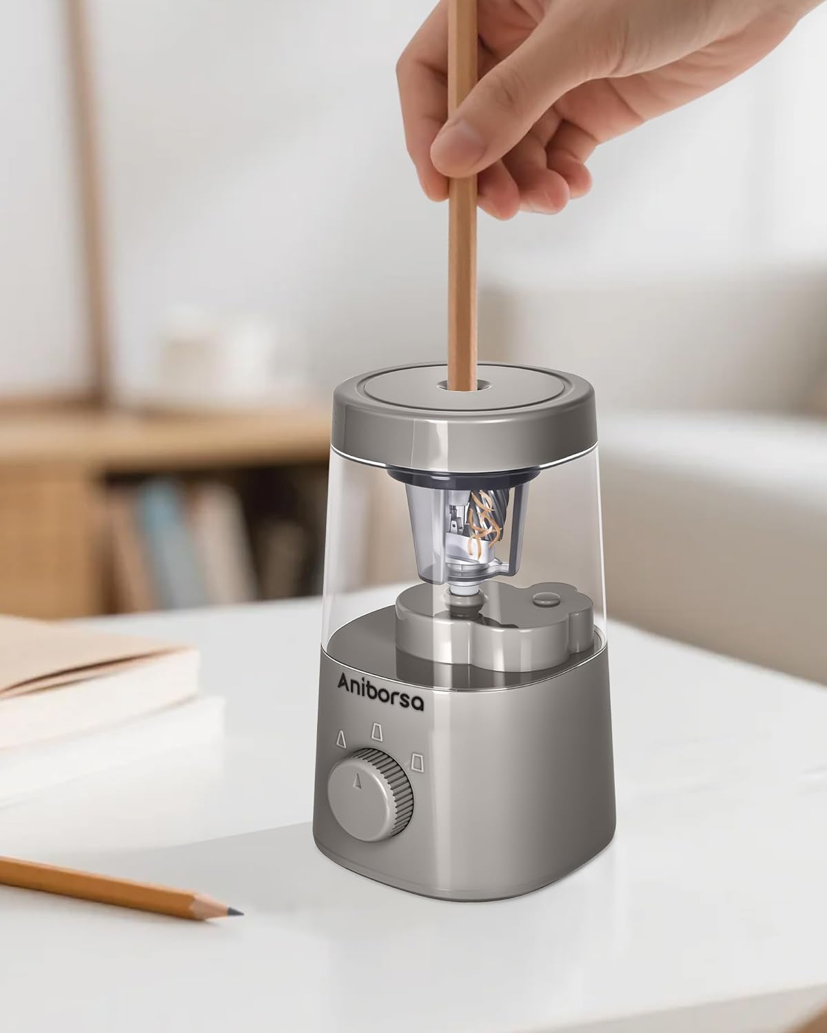 Electric Pencil Sharpener, Helical Blade Automatic Pencil Sharpener, Battery/USB Cord Operated Adjustable Sharpness for 6-8 mm Pencil, Classroom, School, Office, Home, Gray