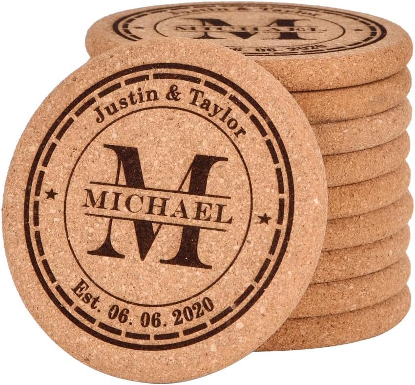 Personalized Cork Coasters for Drinks, Custom Engraved Absorbent Heat & Water Resistant Coasters for Cups and Mugs (M)