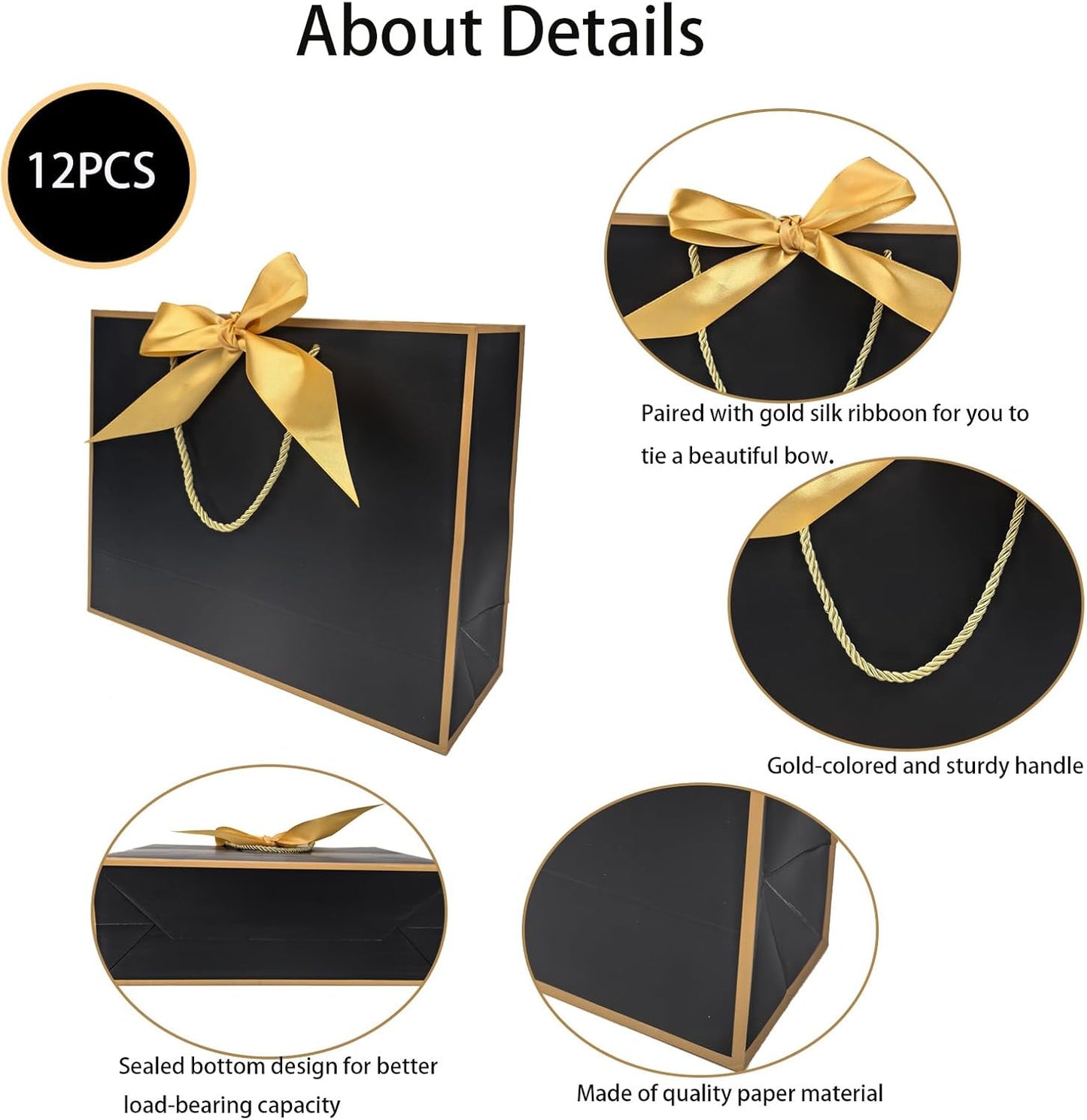 TKSBAG 12PCS Gift Bags Medium Size with Handles, 12.5 x 9.8 x 4.3 In Black Gold Thank You Bags with Bow Ribbon for Wedding, Birthday, bridesmaid, Groomsmen, Party Favors, Thanksgiving, Christmas
