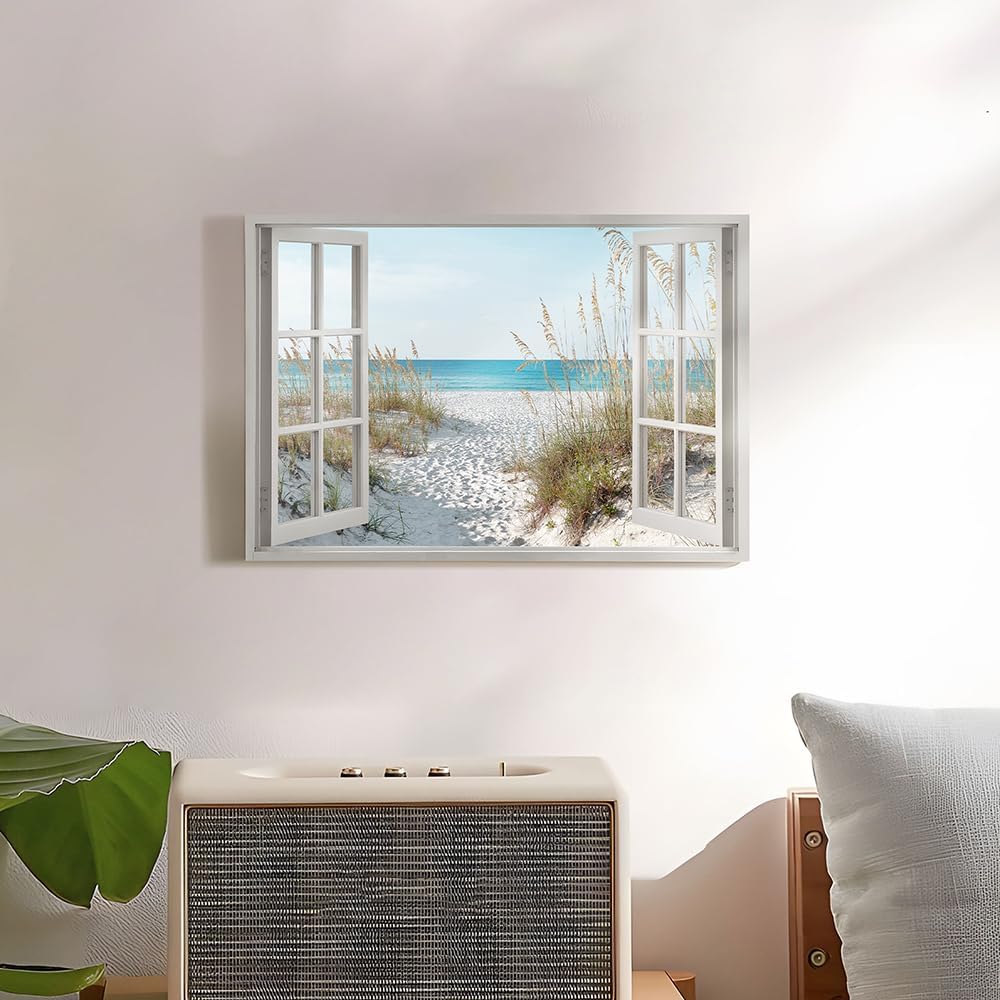 beach wall art window picture: coastal canvas artwork seascape scene prints looking out fake window wall decor for bathroom 12"x16"