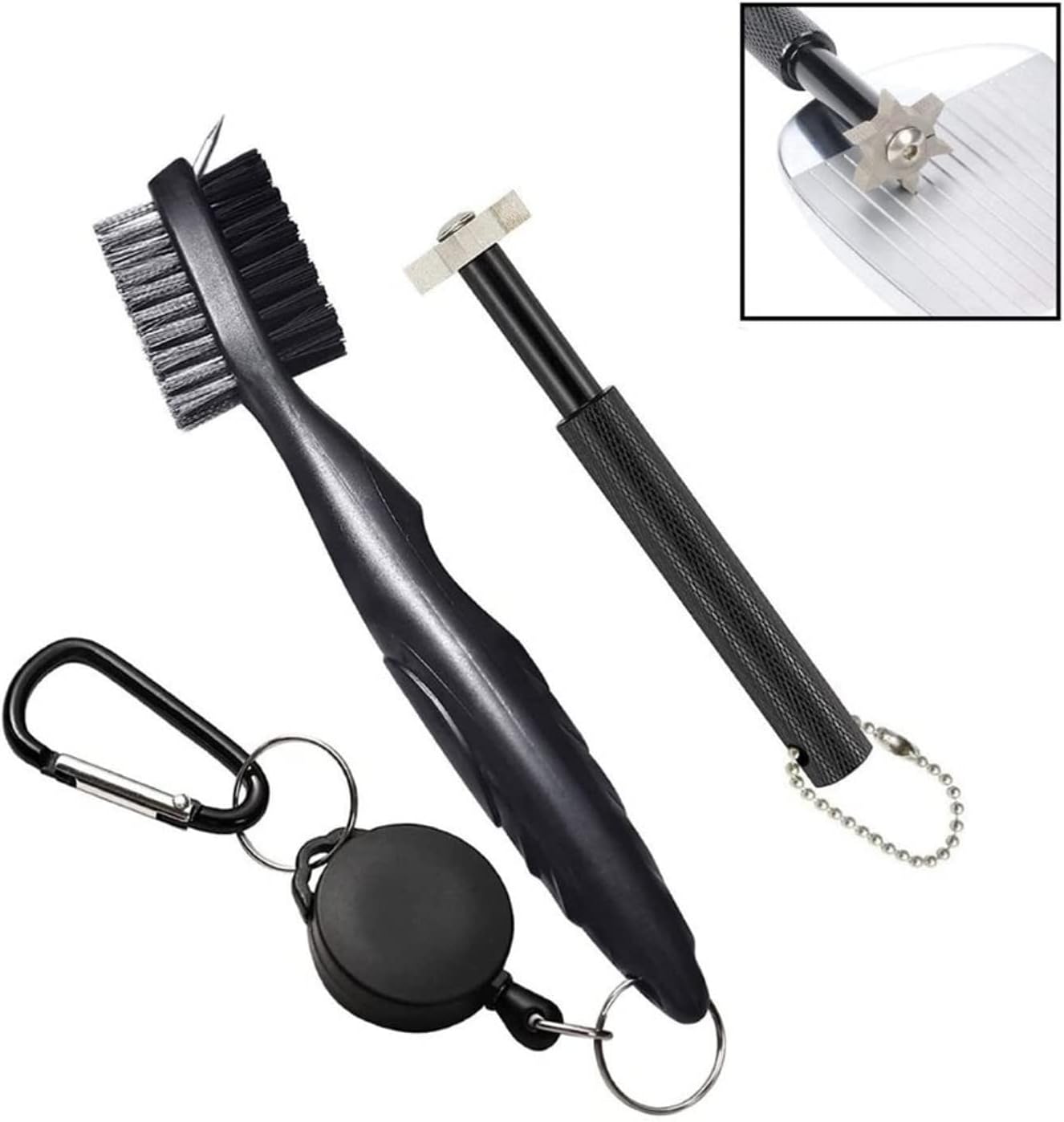 NuRich Golf Club Sharpener and Brush Cleaner Golfer Accessories Kit Comes with Wire/Nylon Brush, Iron Groove Sharpener, Retractable Zip-Line, and Golfing Carabiner for Golf Bag or Lanyard Attachment