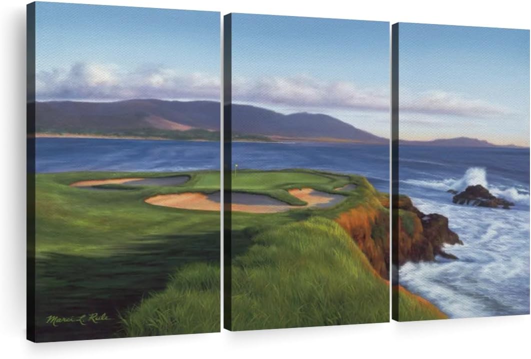 ElephantStock Pebble Beach 7th Hole Wall Art - Horizontal Canvas - 3-Piece Living Room Wall Decor - Painting Sports Canvas Print - Green and Blue Decor for Wall by Marci Rule - 23" X 14"