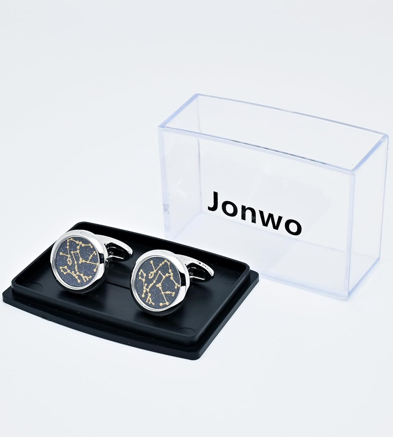 Sky Constellation Pattern Round Men's Cufflinks In Gift Case Sparkling Blue Goldstone Cufflinks for Men Jewelry for Wedding Party Business Birthday Anniversary Dress