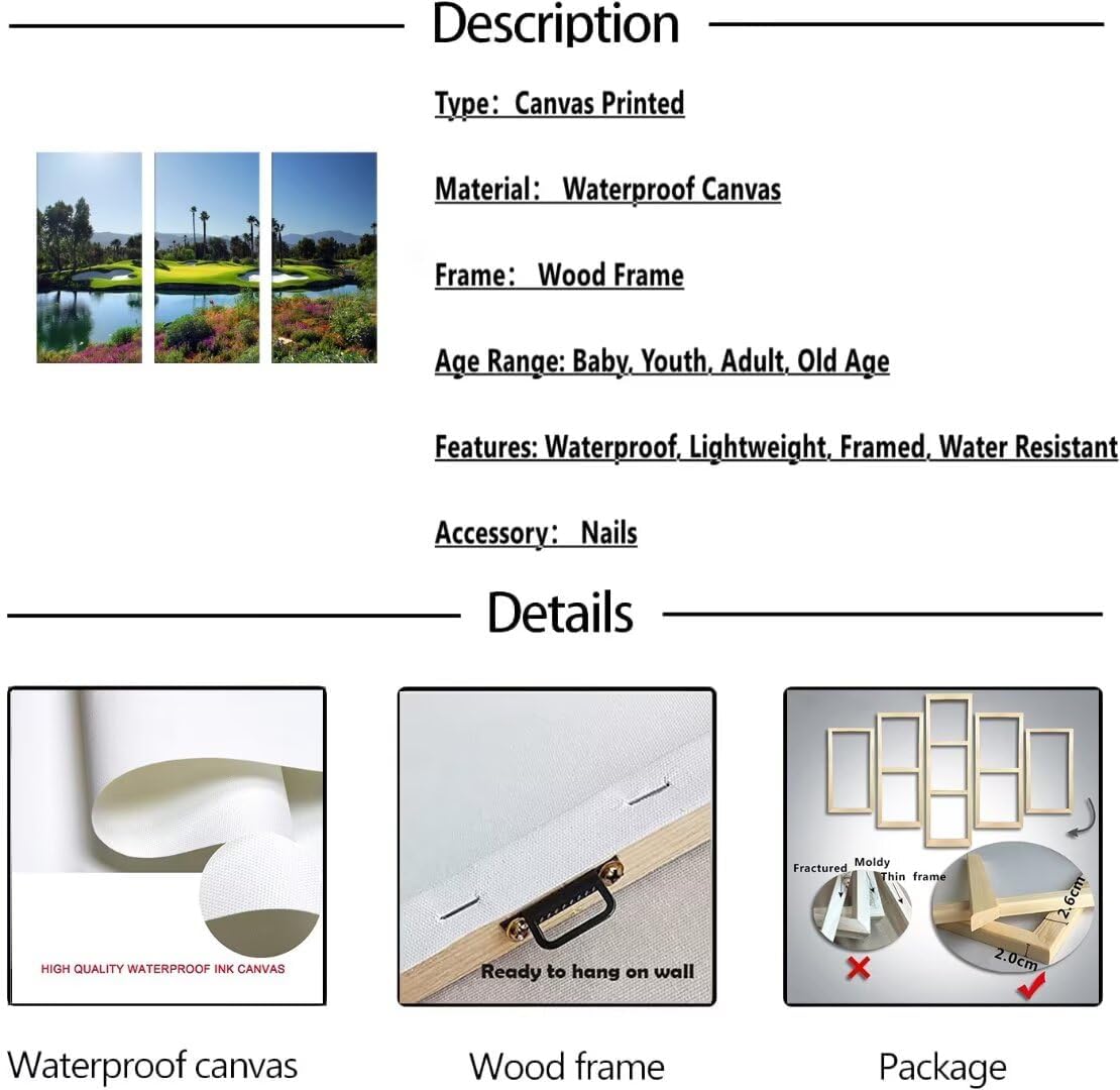 chenchenArt Indian Wells Golf Course Wall Art Pictures Golf Course Wall Decor for Living Room Bedroom Home Decoraitons Golf Artwork Canvas Prints Framed Ready to Hang(20''W x 40''H x3)