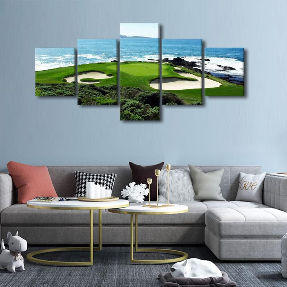 Pebble Beach Golf Course-California USA Wall Art Canvas Prints Wall Decor Picture 5 Panel Blue Sky Sea Golf Course Coast Decorations for Home Office Poster Framed Stretched Ready to Hang - 50"W x 24"H