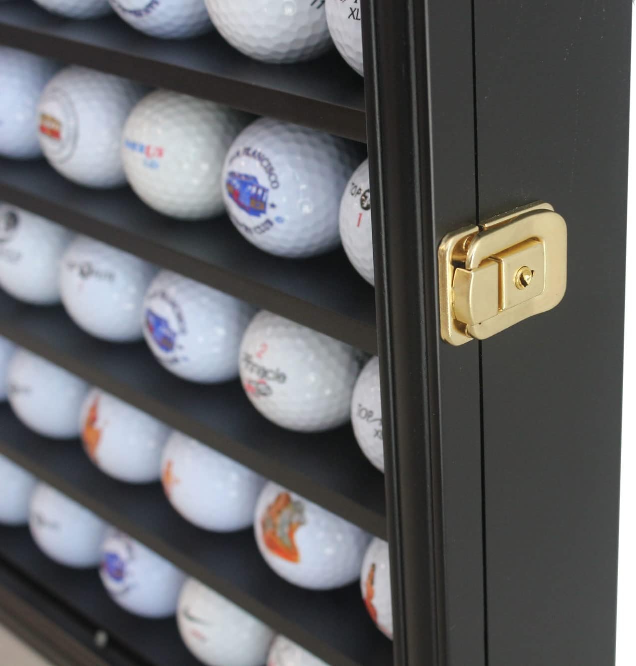 DisplayGifts 49 Golf Ball Display Cabinet Stand Storage Wall Mounted 7 Shelves Display Case Shadow Box with Lockable Door, Great Gift (49 Ball Holder, Black Finish)