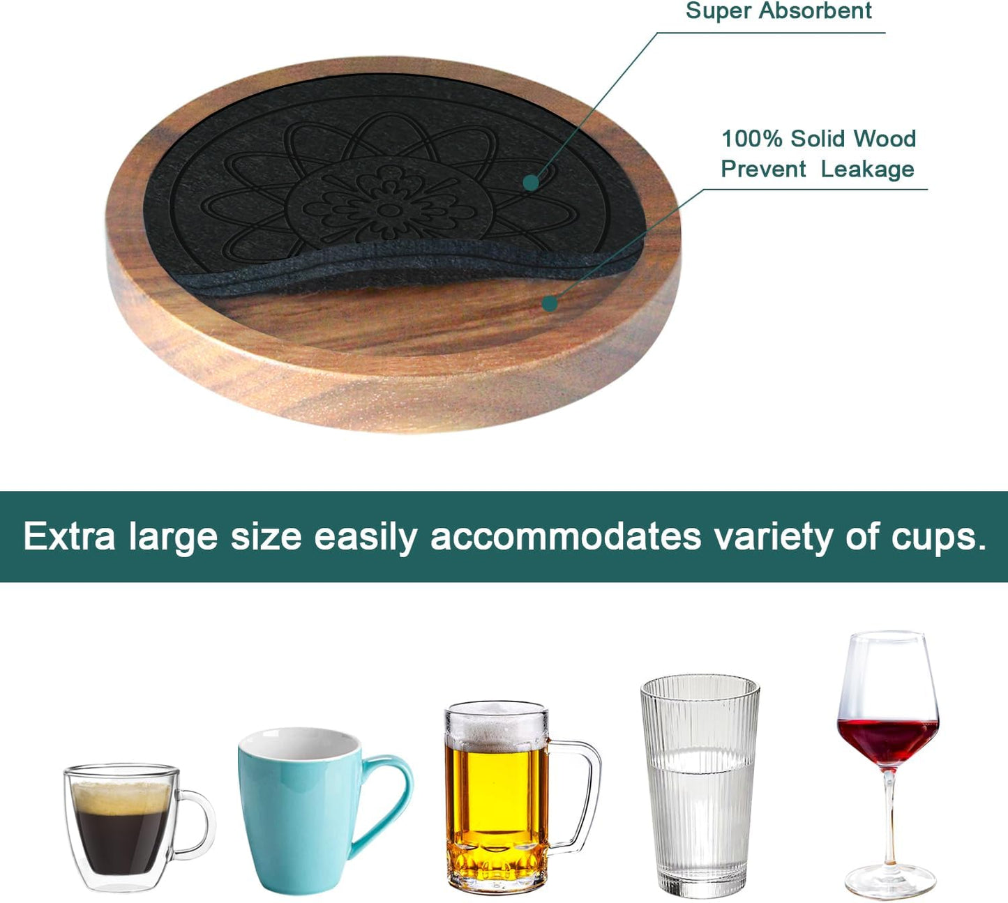Wood Coasters for Drinks Set of 8, Minacun Absorbent Coaster, Drinks Coasters for Coffee Tabletop Protection, Non-Slip, Non-Stick, Suitable for Kinds of Cups Wooden Table Drink, 4.3 Inch Black