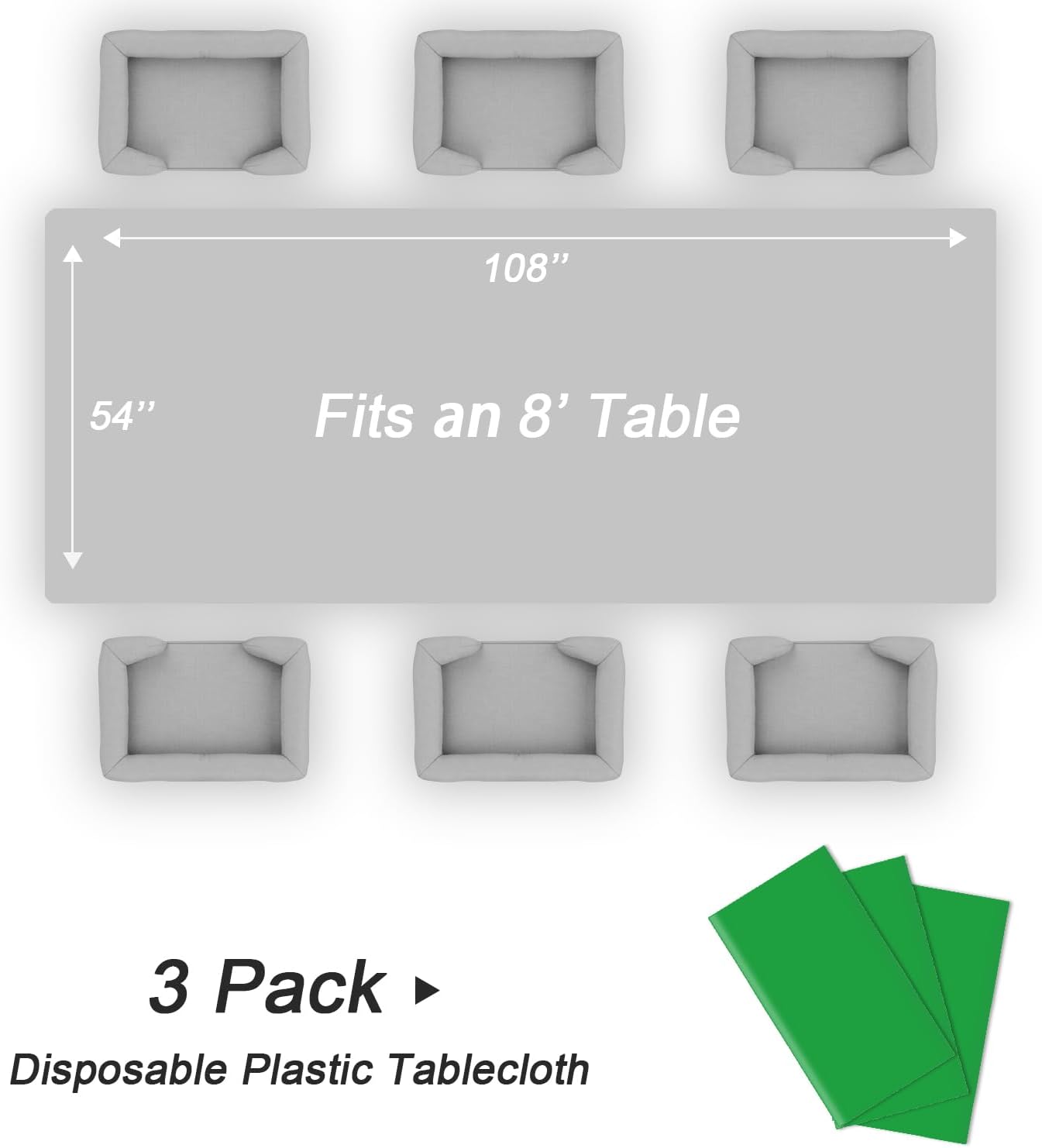 QIKSION Plastic Table Cloth Disposable 3 Pack, 54 x 108 Inch Tablecloths for Rectangle Tables, Green Plastic Table Cover