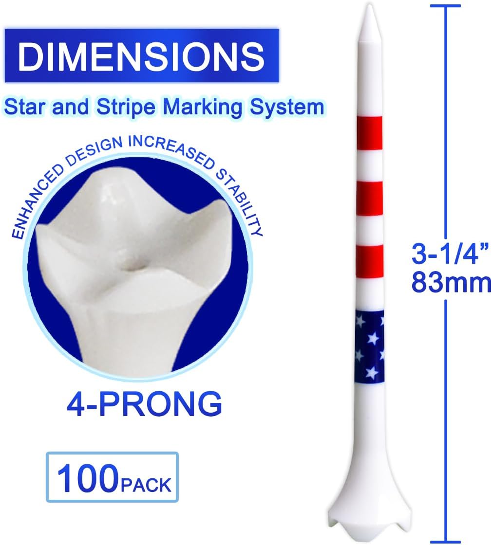 Golf Tees Professional Plastic Golf Tees 3-1/4" - 100 Pack, 4-Prong Golf Tees Plastic, Minimize Friction and Side Spin,Enhanced Durability & Stability, Unbreakable Long Plastic Tees