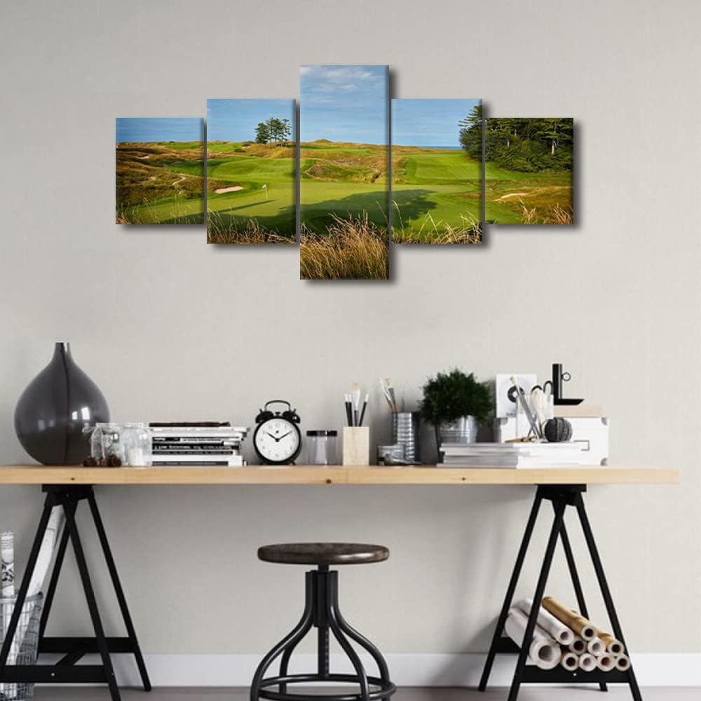 5 Piece Golf Course Canvas Wall Art Wisconsin Wall Art Golf Decor Whistling Straits Nature Landscape Poster Golf Course Field Wall Art Decor for Home Office Decor Framed Ready to Hang - 50"W x 24"H