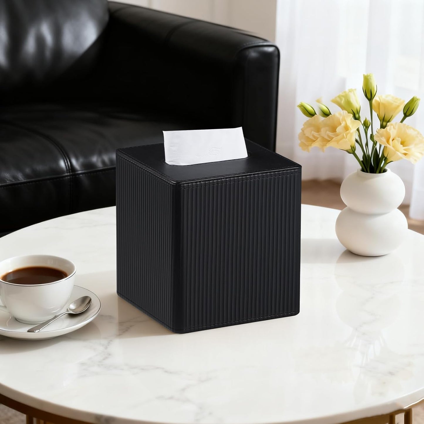 PU Leather Tissue Box Cover Square with Magnetic Closure, Modern Tissue Box Holder for Bathroom Bedroom Office Desk, Decorative Square Tissue Holder (Black)
