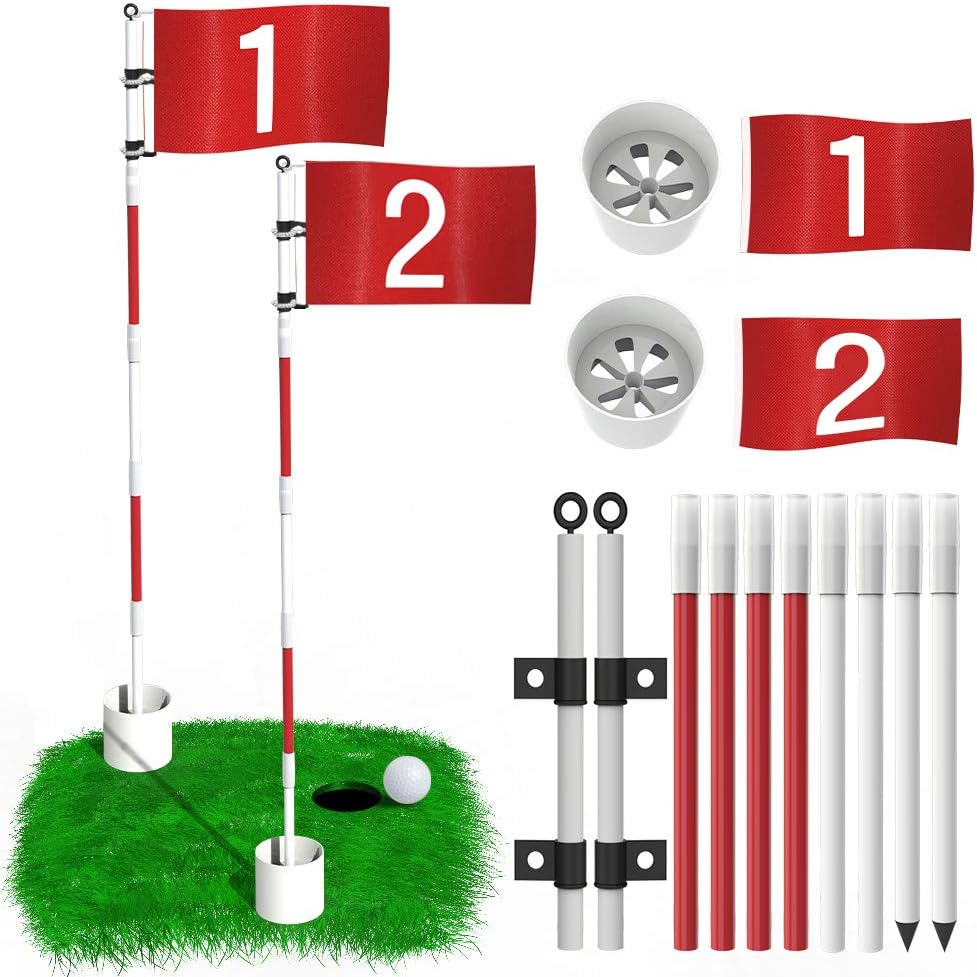 THIODOON Golf Flagstick 6ft Golf Flag and Cup for Yard Pro Detachable Golf Hole Cup and Flag for Driving Range Backyard Upgrade Anti-Rust Glass Fiber 5-Section Design with Connectors (Premium Flagstick Set -2 Pack)