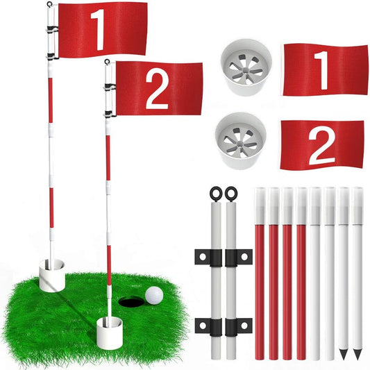 THIODOON Golf Flagstick 6ft Golf Flag and Cup for Yard Pro Detachable Golf Hole Cup and Flag for Driving Range Backyard Upgrade Anti-Rust Glass Fiber 5-Section Design with Connectors (Premium Flagstick Set -2 Pack)