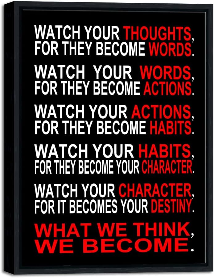 Pyradecor Black Framed Canvas Wall Art Inspirational Poster Office Positive Quotes Watch Your Thoughts Motivational Classroom Artwork for Living Room Home Decorations