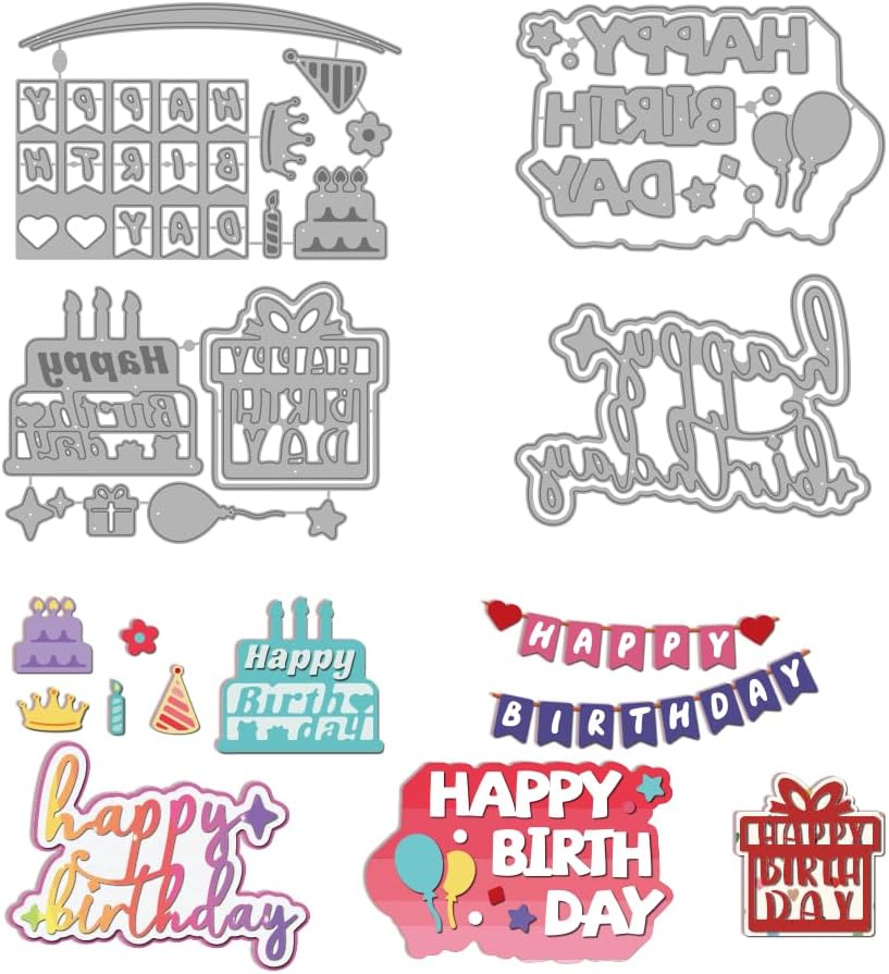 MAYJOYDIY Birthday Theme Cutting Dies Happy Birthday Words Metal Die Cuts Template Cake Candle Balloon Crown Embossing Carbon Steel Stencils for Card Making Scrapbooking Album Gift Decoration