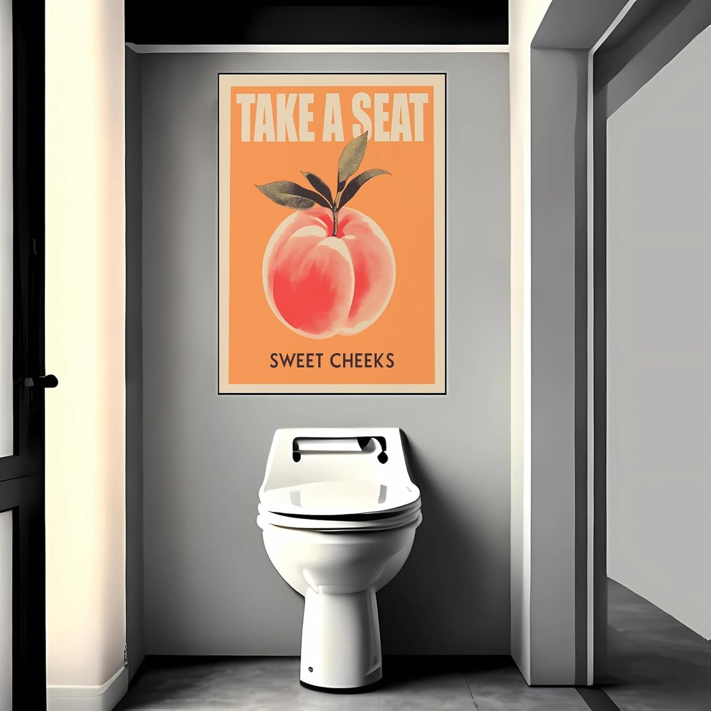 Take a Seat Sweet Cheeks Poster, Funny Bathroom Wall Art Peach Bum Art Canvas Print, Minimalist Preppy Orange Pink Wall Decor for Dorm Toilet 24x36in Framed