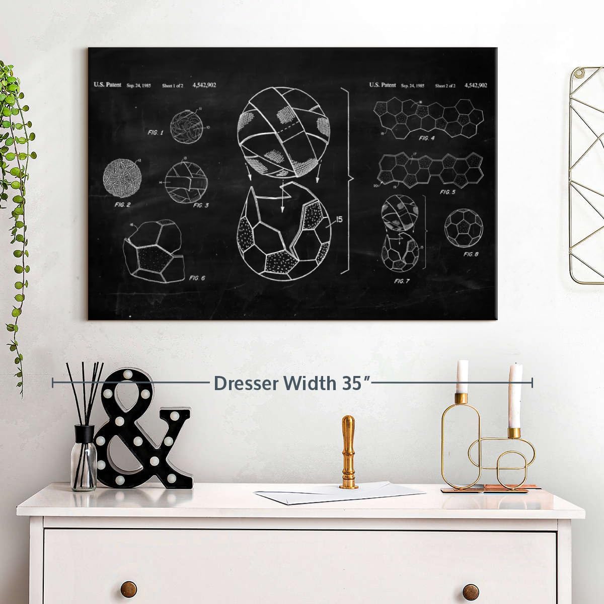 ElephantStock Soccer Ball BW Patent Canvas - 1 Panel Sports Patent Wall Art Decor - Sports Decorations for Boys Room - Wall Art and Office Decor - 30" X 20"