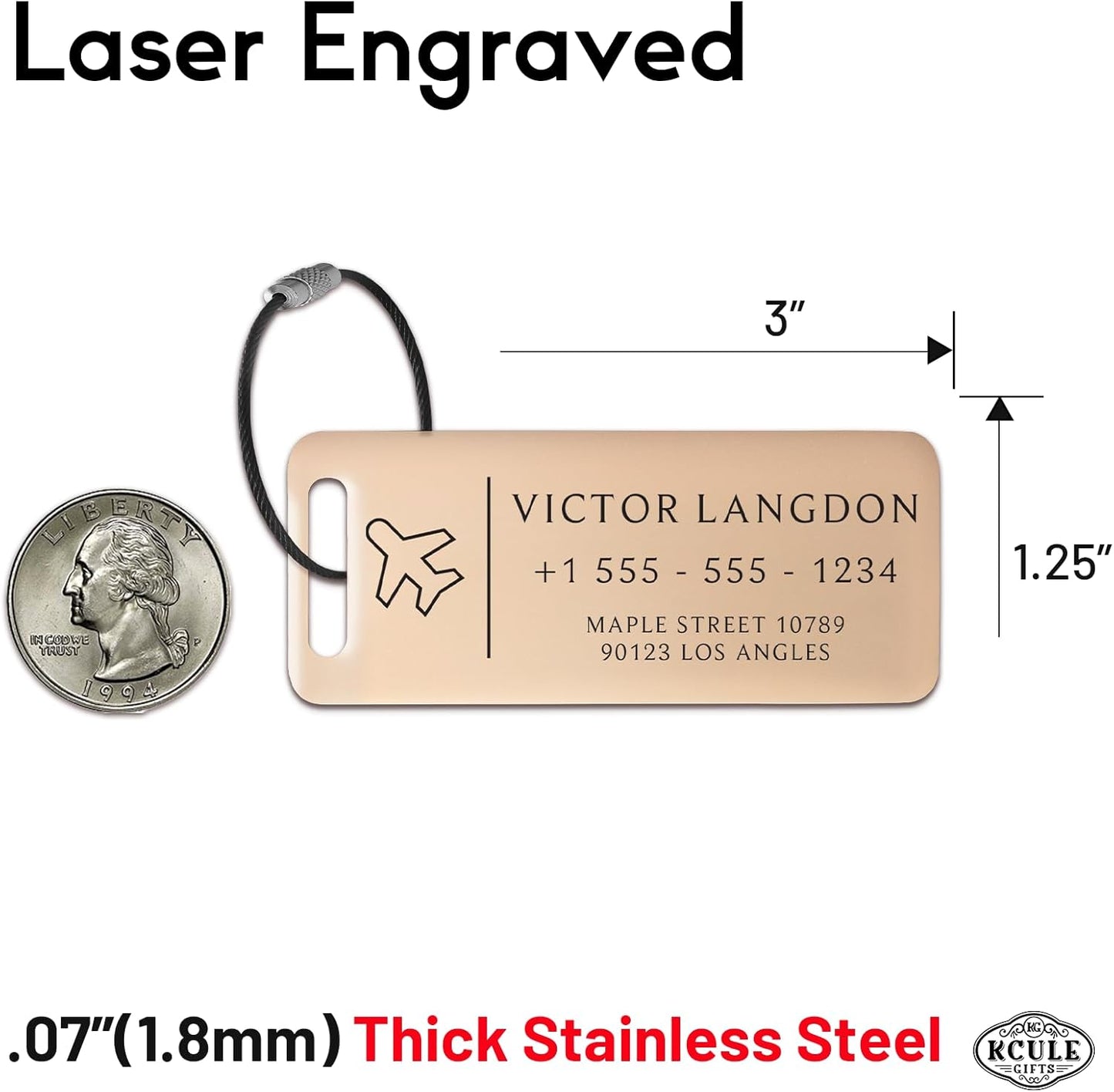 Personalized Luggage Tags for Suitcases - Stainless Steel Custom Luggage Tags for Backpacks & Bags, Sturdy, Waterproof & Heavy Duty (Rose Gold / 3" x 1.25")