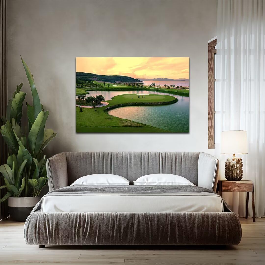 HJY Art USA Golf Course Wall Art for Gym Pebble Beach Golf Course Wall Decor Yellow Green Abstract Painting Poster for Home Decor Living Room Bedroom Bathroom Office Artwork (18 x 24 inch)