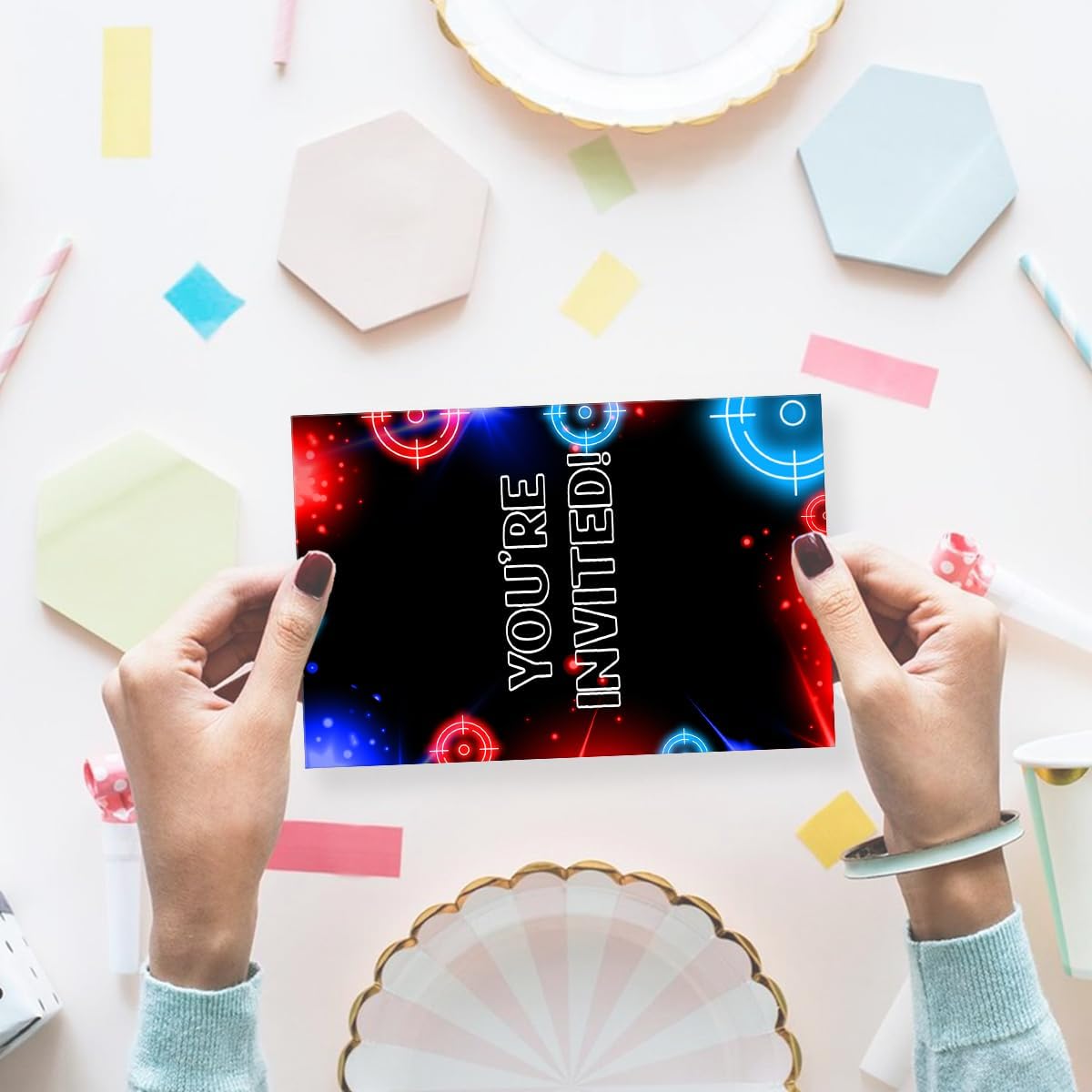 Laser Tag Birthday Invitation Supplies with Envelopes Set of 20 Bruh Neon Glow Laser Party Invite Fill in Blank, Double Sided