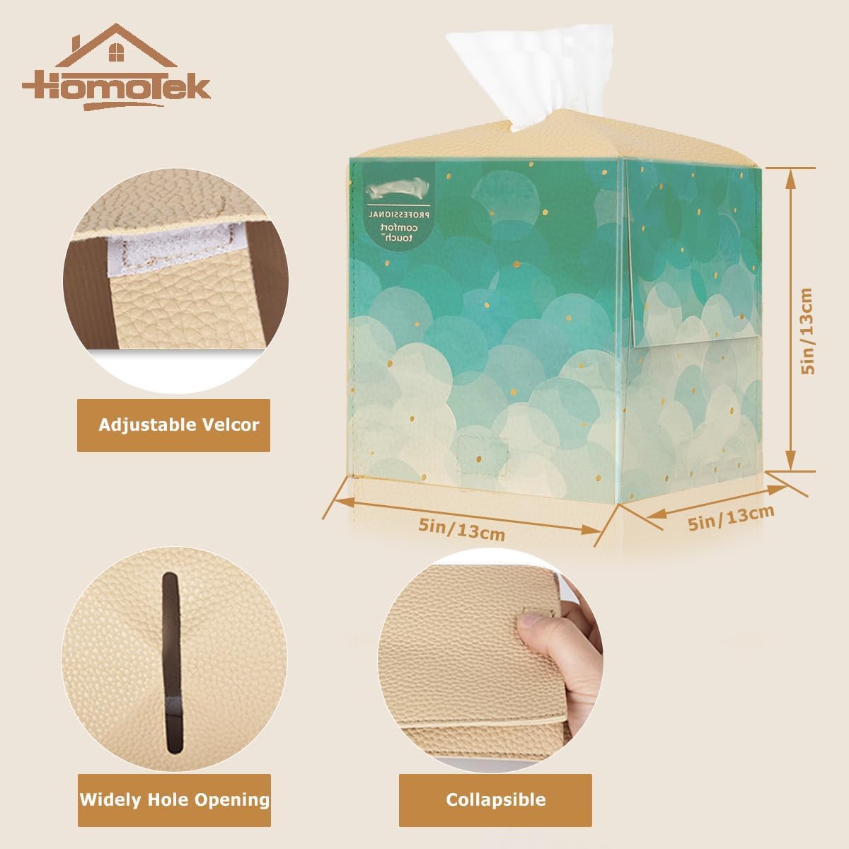 HOMOTEK 2 Pack Tissue Box Cover, Square PU Leather Tissue Holder, Decorative Facial Tissue Cube Paper Organizer Dispenser for Bathroom, Night Stands, Desk, Car 5X5X5'' - Beige, Pebble Grain