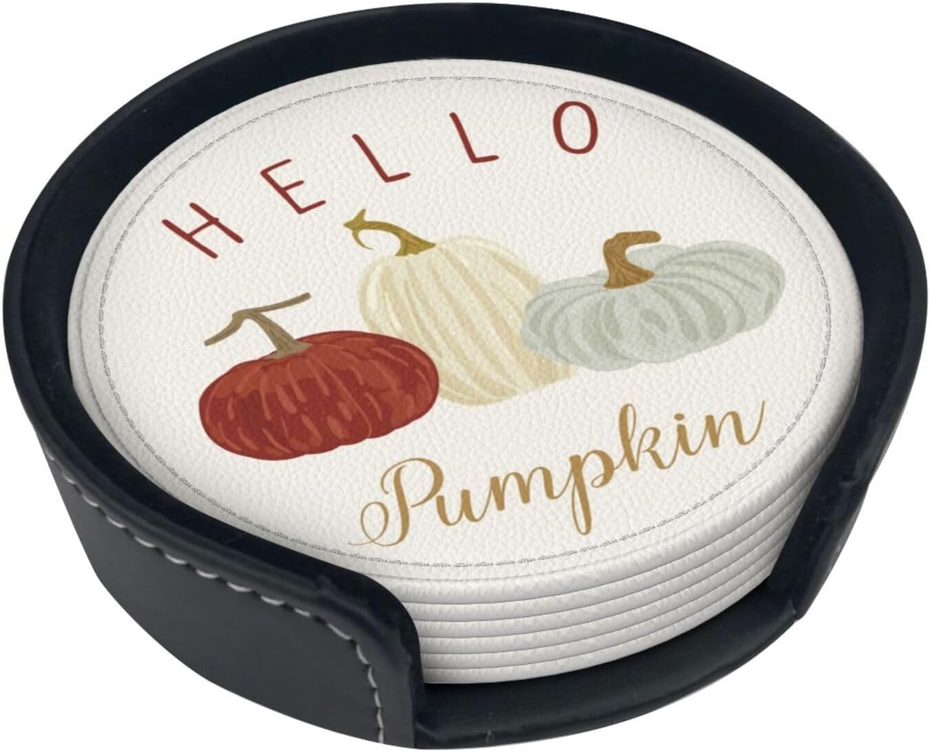 Hello Fall Pumpkin Autumn Coasters for Drinks Round Leather Coaster with Holder Set of 6 for Tabletop Protection Desk Accessories Office Home Room Decor