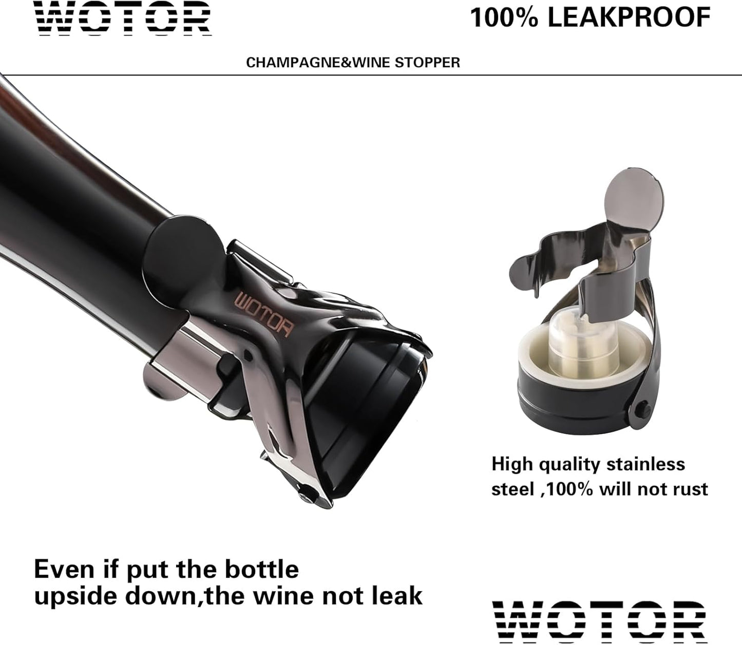 WOTOR Champagne&Wine Bottle Stoppers Stainless Steel with Food Grade Silicone, Leak Proof Keep Fresh Reusable Saver, Cork Suitable for Wine, Champagne, Cava, Prosecco and Sparkling (2 Pack Black）
