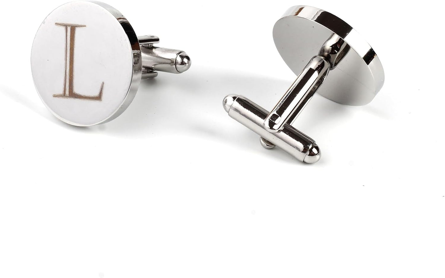 Mens Initial Silver Cufflinks A-Z Alphabet Letter Steel Cuff Links with Engraved Walnut Wood Box Groom Groomsman Wedding Set…