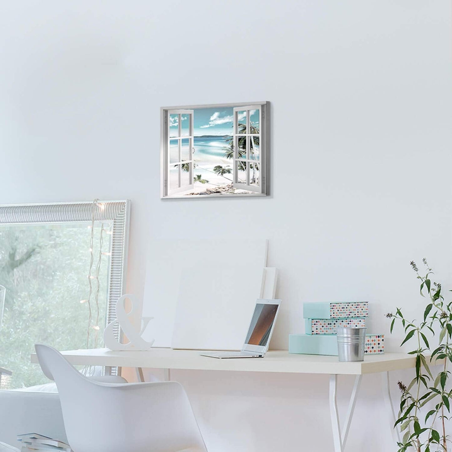 Open Windows Canvas Wall Art: Beach Coastal Palm Graphic Artwork Print on Wrapped Canvas Small for Bedroom(16''x12'')