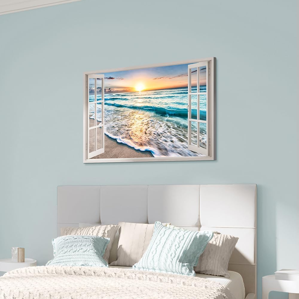 beach canvas window wall art: beach picture coastal artwork seascape ocean scene prints - looking out fake window wall decor for bedroom 36"x24"