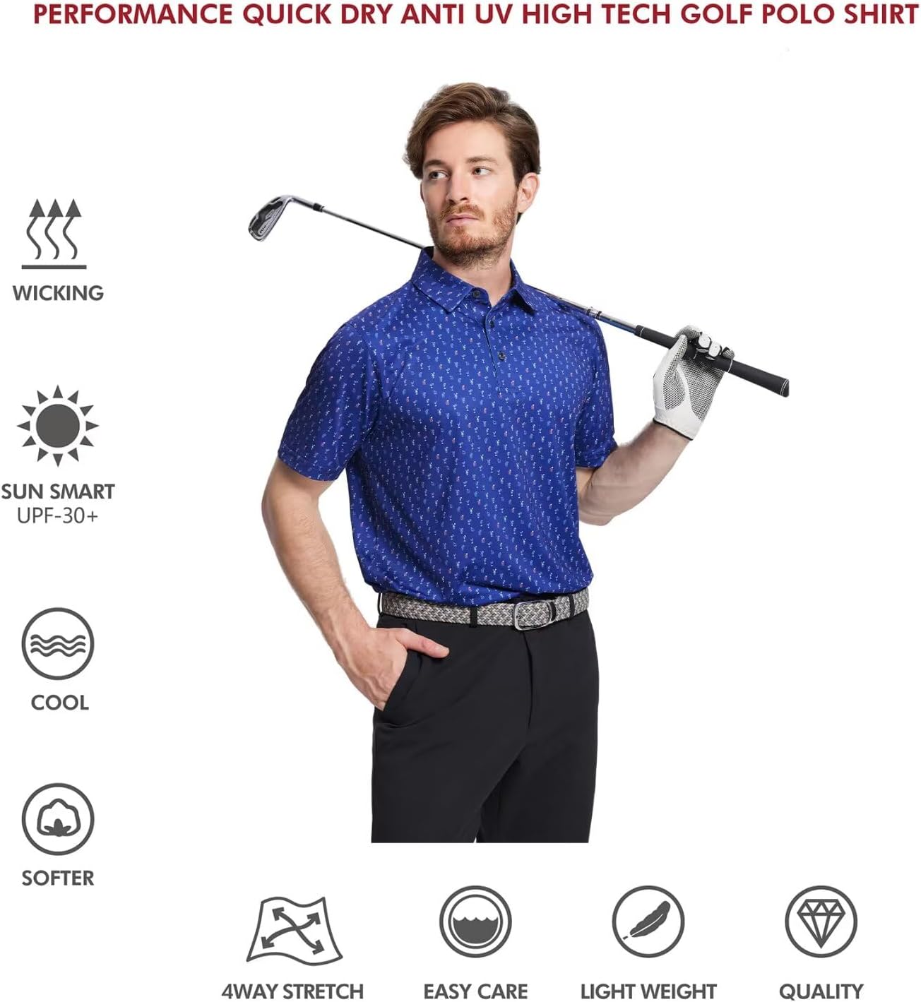Golf Shirts for Men Dry Fit Short Sleeve Print Performance Moisture Wicking Polo Shirt