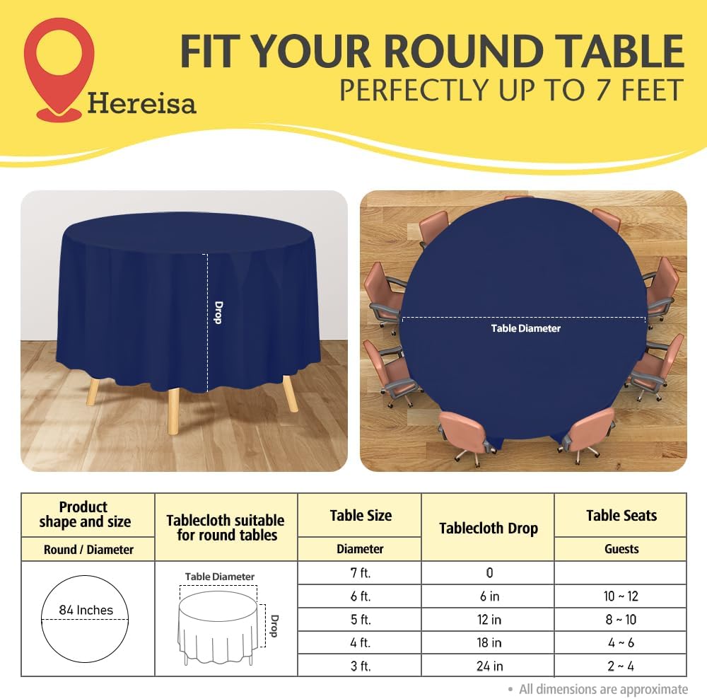 Brand Round Navy Blue Plastic 84" Disposable Tablecloth (3 Pack), Party & Event Decorative Cover