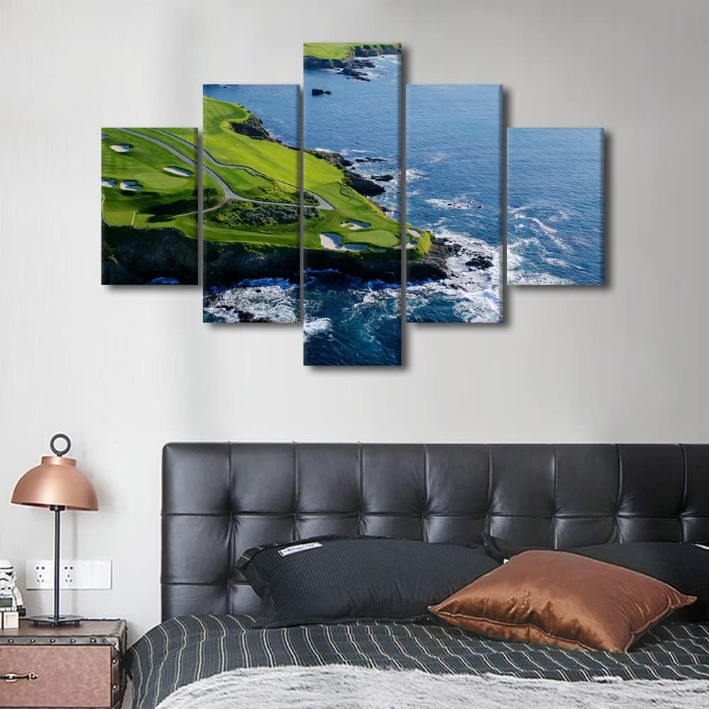 5 Pieces California Wall Art Pebble Beach Golf Course Giclee Printing Canvas Artwork Wall Decor Modern Canvas Home Decor for Living Room Bedroom Home Office Decorations Framed Easy to Hang - 60"Wx40"H