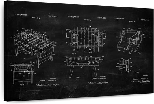 ElephantStock Soccer Table BW Patent Wall Art - Horizontal Wrapped Canvas - 1-Piece Living Room Wall Decor - Soccer Digital Art Canvas Print - Black and White Decor - 48" X 32"