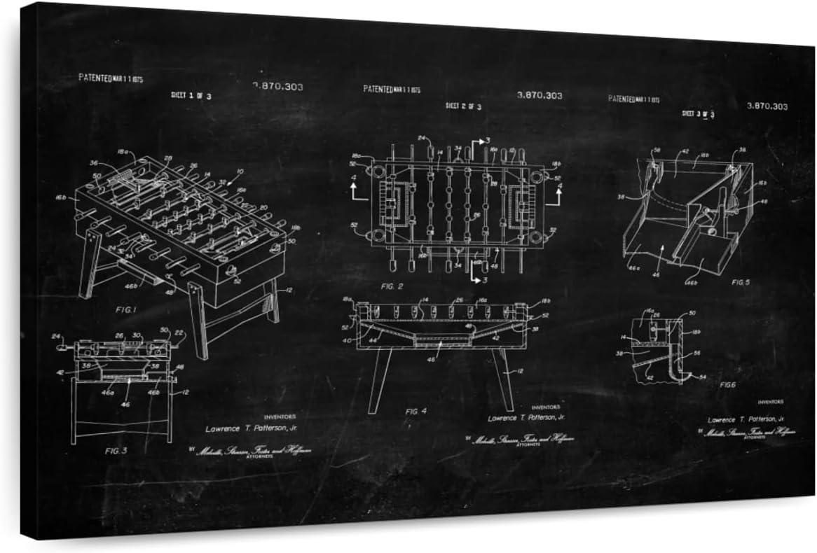ElephantStock Soccer Table BW Patent Wall Art - Horizontal Wrapped Canvas - 1-Piece Living Room Wall Decor - Soccer Digital Art Canvas Print - Black and White Decor - 51" X 34"