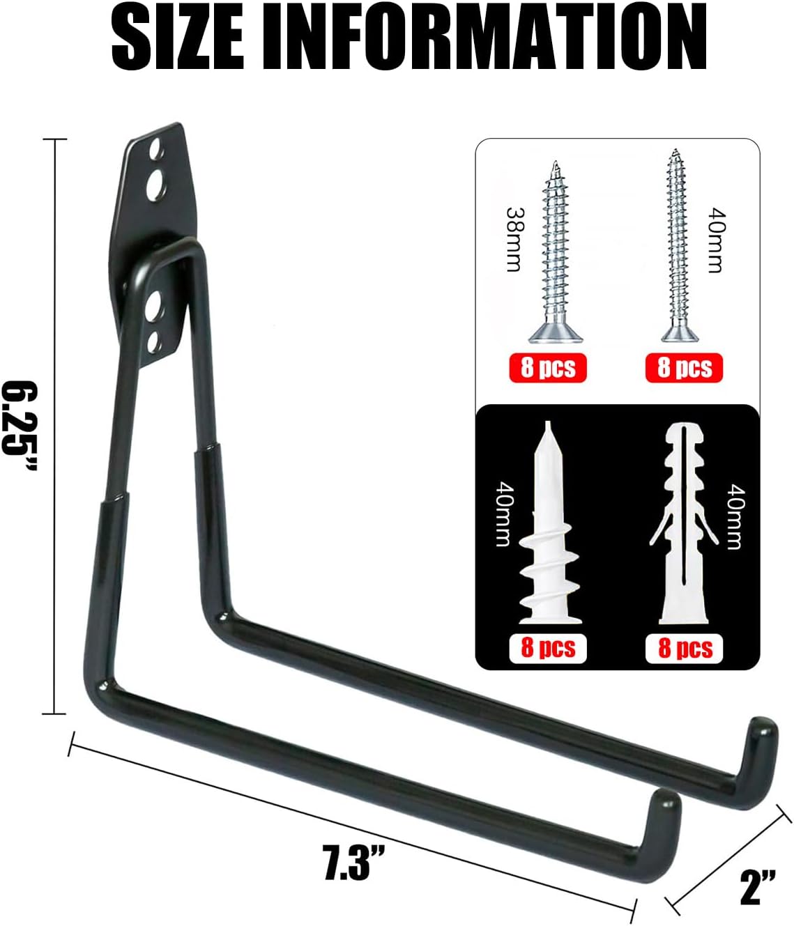 WMK Garage Hooks 4 Pack Wall Storage Hooks Heavy Duty Steel Tool Hangers for Utility Organizer, Wall Mount Holders for Garden Lawn Tools, Ladders, Bike (Black)