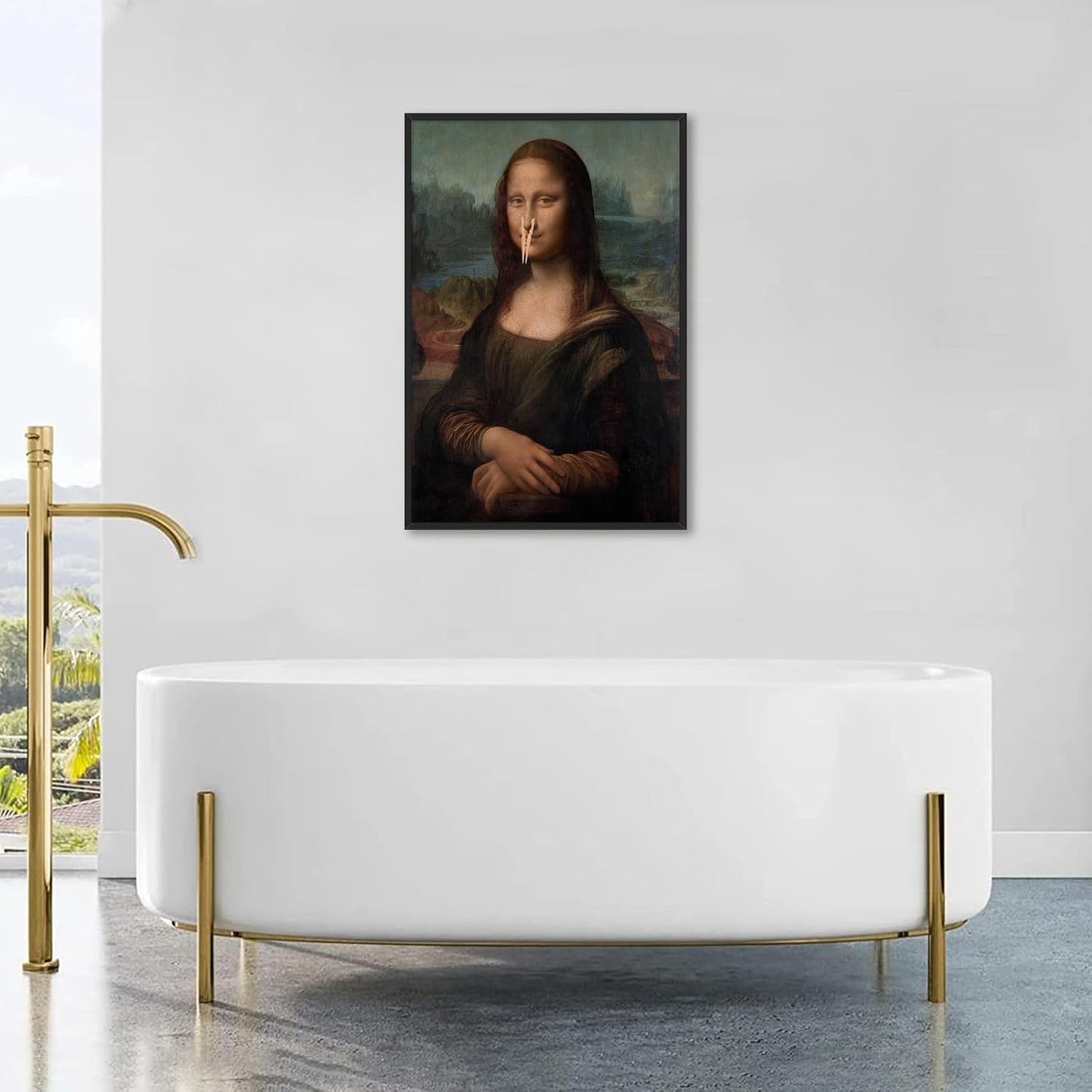 Funny Bathroom Wall Art Classical Oil Painting Mona Lisa Poster Amusing Pinching Nose Canvas Prints Vintage Humor Wall Decor for Restroom Toilet 24x36in Framed