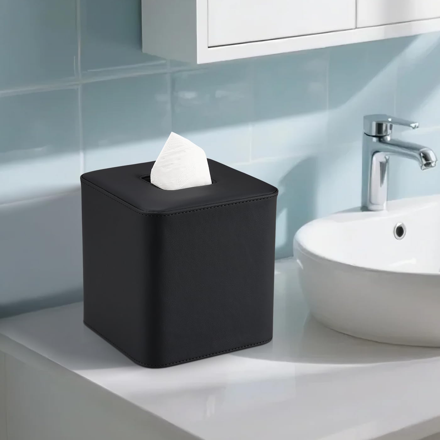 GORESE Leather Tissue Box Cover Square Tissue Box Holder for Kleenexs, Tissue Cover for Cube Box Tissues, Kleenexs Box Holder for Bedroom, Living Room, Bathroom, Black