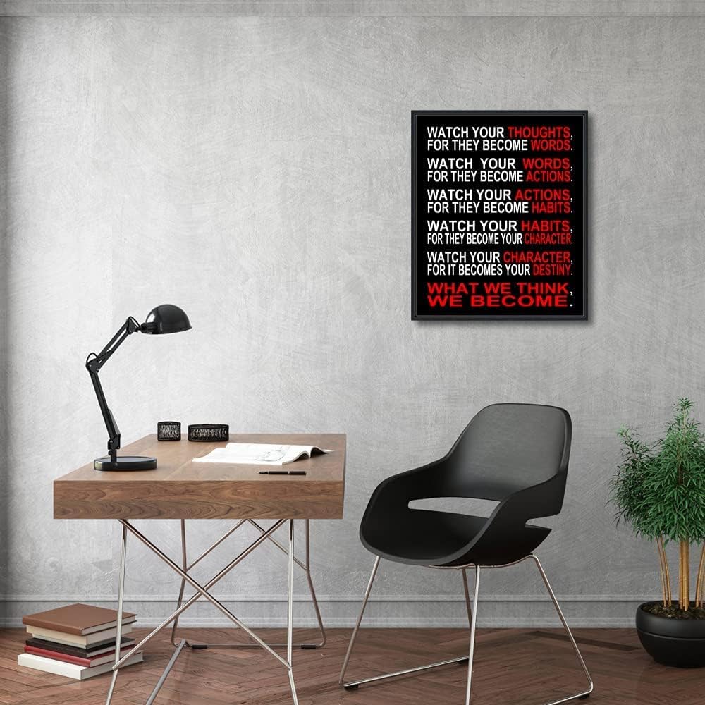 Pyradecor Black Framed Canvas Wall Art Watch Your Thoughts Motivational Classroom Poster Canvas Prints for Office Living Room Home Decorations