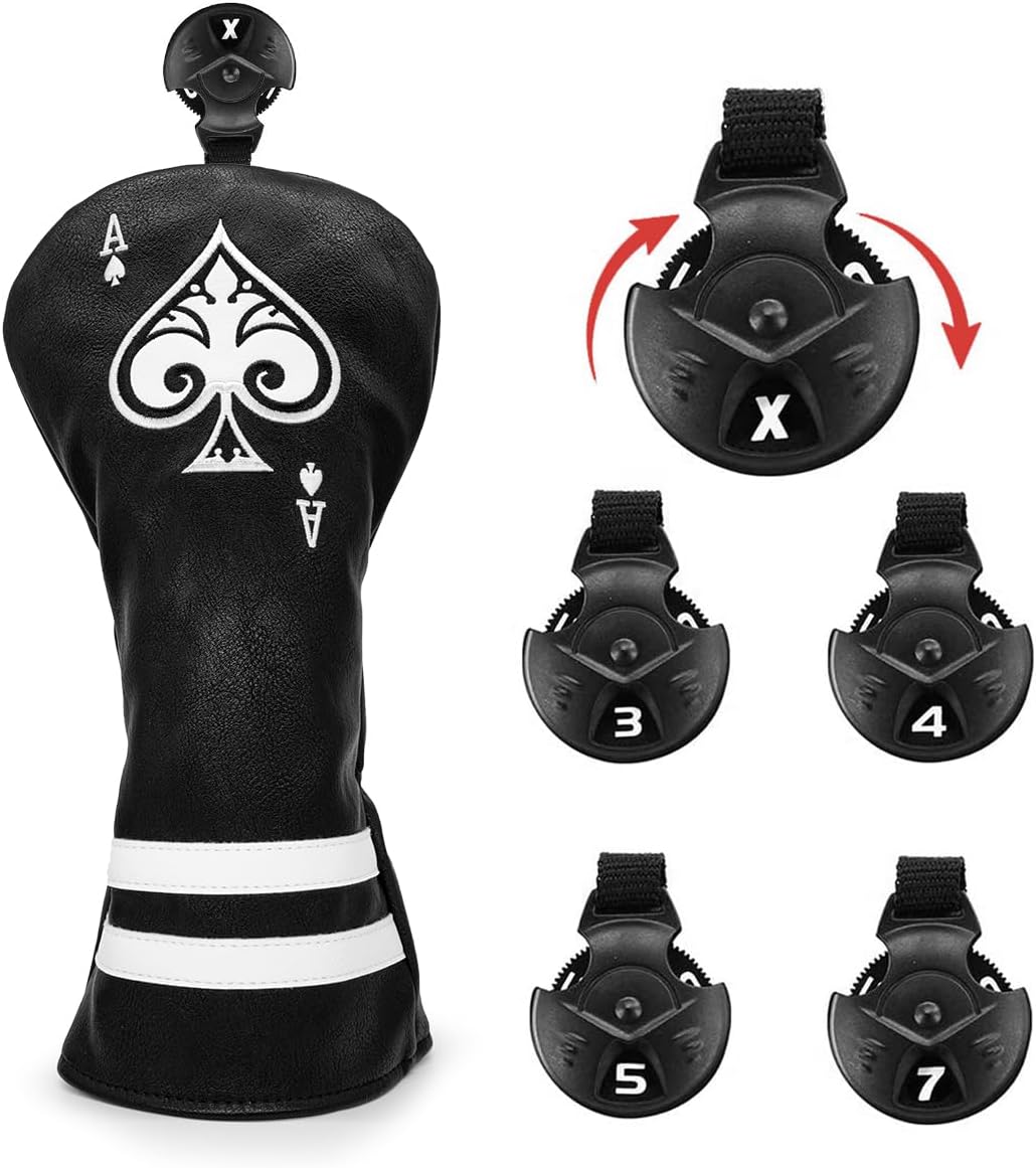 Black Golf Ace of Spade Golf Club Cover for Golf Clubs - Hybrid Headcover Golf Driver Headcover 3 Wood Head Cover (Rotatable 2 3 4 5 6 Ut Head Cover) Putter Headcover