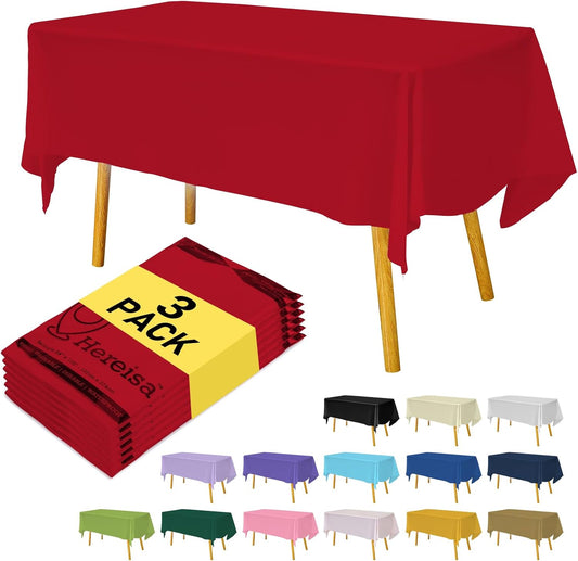 Plastic Red Tablecloths 3 Pack Disposable Table Covers 54 x 108 Inch Ruby Shine Red Table Cloths for Parties Anniversary Thanksgiving Christmas Graduation Wedding
