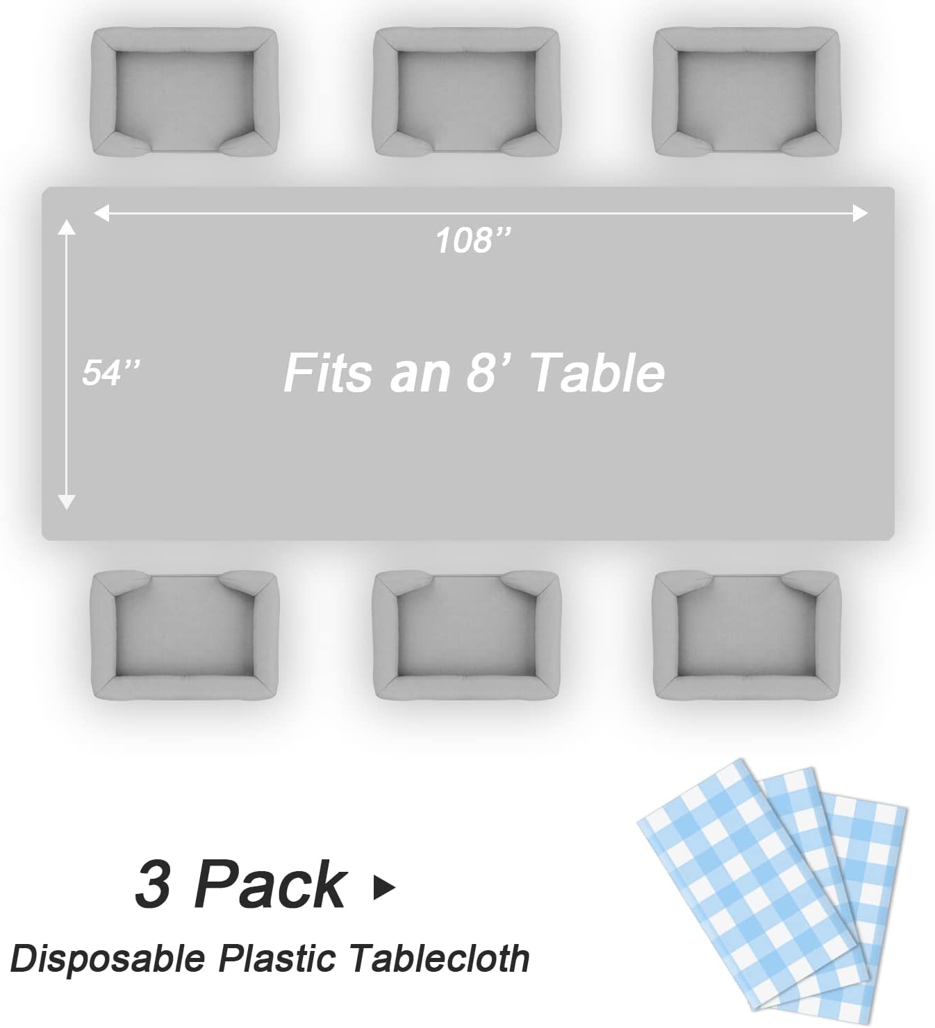 QIKSION Blue Gingham Tablecloth Disposable 3 Pack, 54 x 108 Inch Blue and White Checkered Table Cloth for Rectangle Tables, Plastic Table Cover