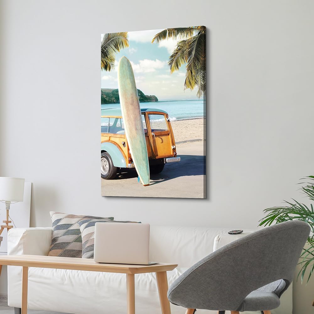 coastal wall art surfboard pictures: beach car wall decor seaside artwork surfing ocean print in beach canvas painting for living room 45" x 30"